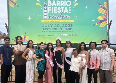 Barrio Fiesta London 2025 event group photo with pageant contestants and organizers.