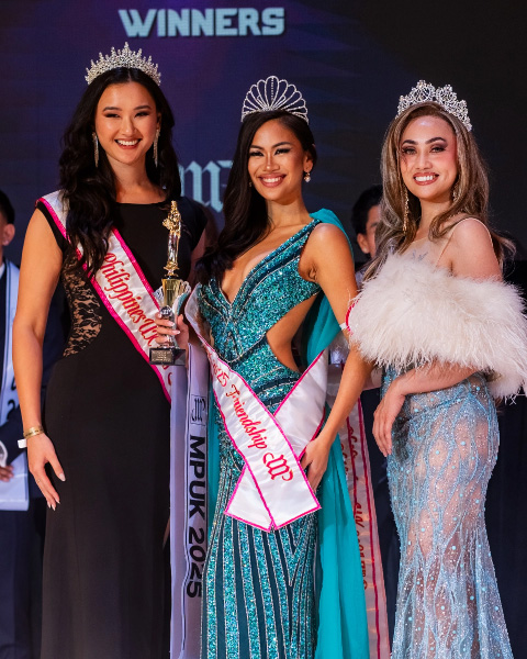Miss & Mr. Philippines UK 2025 finalists posing together with their trophies.