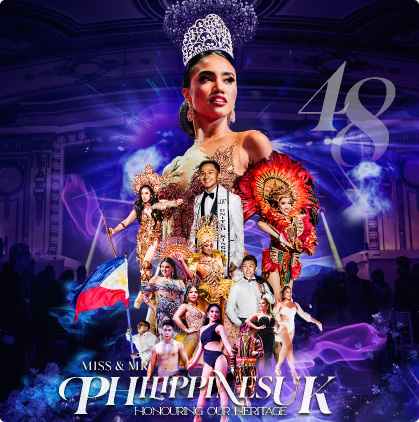 Miss & Mr. Philippines UK event showcasing Filipino heritage with performers in vibrant traditional costumes.