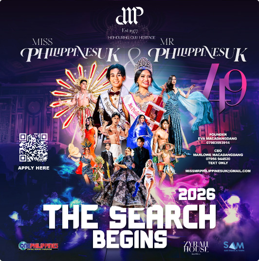 Miss & Mr. Philippines UK 2026 event announcement featuring contestants in traditional Filipino costumes and formal wear. The poster includes details for applications and contact information.