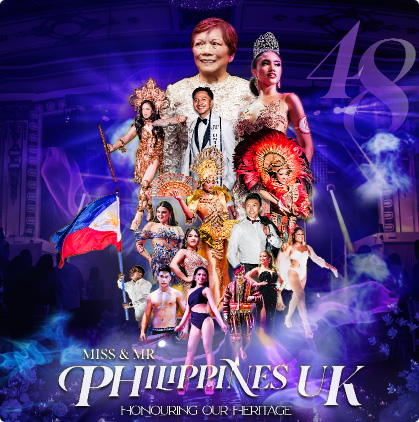 Miss & Mr. Philippines UK event featuring cultural performances, with the Filipino flag and a prominent guest in the foreground. The poster highlights the event's theme, 'Honouring Our Heritage.'